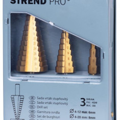 Set de burghie în trepte Strend Pro SS421, 4-12, 4-20, 4-32 mm, TiN, HSS 4241 drepte, pentru metal