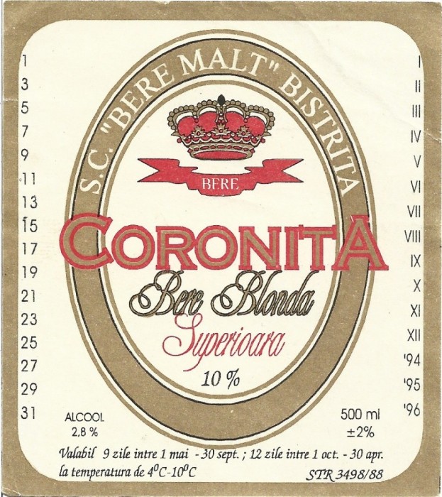 NI502 Etichetă bere blondă superioară Coronița, SC Bere Malț Bistrița, &icirc;nceputul anilor 1990