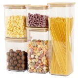 Cutii de Depozitare Alimente, Cyrax, Set din 5 Cutii de tip Container, Cutii pentru Cereale, din Plastic, Capac din Bambuc, 1pc 0.5 l. 2pc 0.8 l, 2pc
