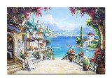 Tablou peisaj mediteranean 100x70cm pictat manual, Colt de rai, ulei pe panza Mircea Iordache