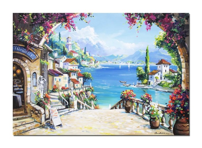 Tablou peisaj mediteranean 100x70cm pictat manual, Colt de rai, ulei pe panza Mircea Iordache