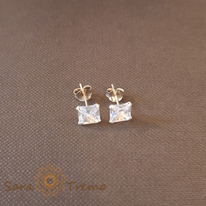 Cercei Unisex Argint 925 cu Cristal Zirconia Alb Patrat, 6 mm