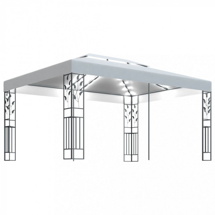 Pavilion cu acoperiș dublu &amp; șiruri de lumini LED, alb, 3x4 m