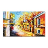 Tablou citadin pictat manual, Pe strada casei noastre, 100x60cm ulei pe panza in cutit efect 3D, Superb