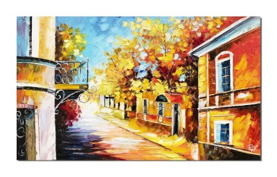 Tablou citadin pictat manual, Pe strada casei noastre, 100x60cm ulei pe panza in cutit efect 3D, Superb foto