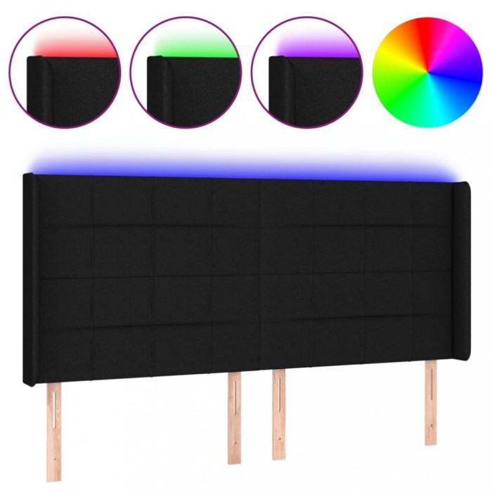 Tablie de pat cu LED, negru, 203x16x118/128 cm, textil