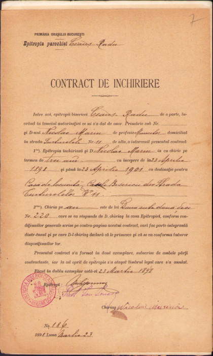HST A1165 Contract de &icirc;nchiriere 1898 Epitropia parohiei Ceauș Radu București