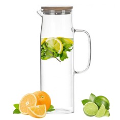 Carafa 1,5 L pentru Apa din sticla borosilicata Koken, recipient cu Capac din bambus si otel inoxidabil, Ulcior 26 x 8,5 cm, rezistenta la apa fierbin foto