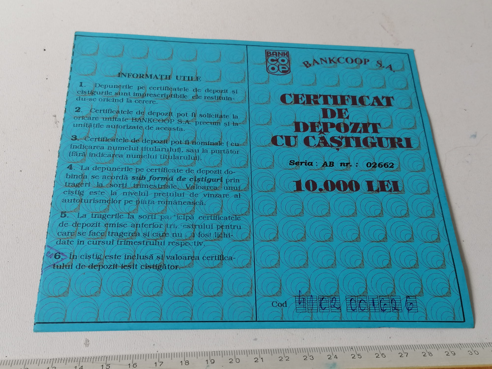 CERTIFICAT DE DEPOZIT CU CASTIGURI BANKCOOP SA-10000 LEI / 1994 | Okazii.ro
