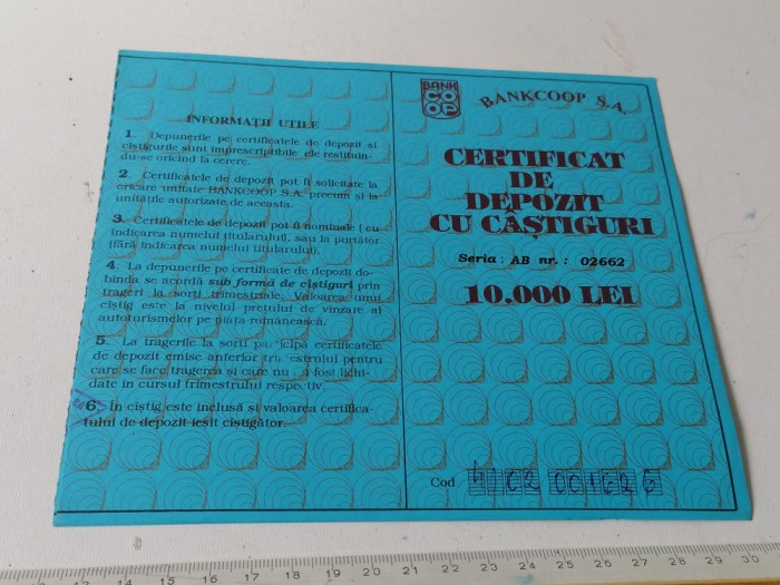 RAR -CERTIFICAT DE DEPOZIT CU CASTIGURI BANKCOOP SA-10000 LEI / 1994