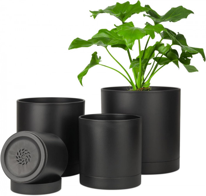 T4U Oale de plante din plastic interior, 4/5/6/7 inch oale de plante negre cu fa