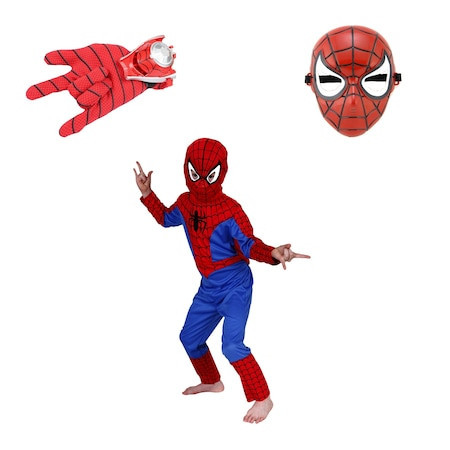 Set costum Spiderman IdeallStore&reg;, marime L, 7-9 ani, masca si manusa cu lansator, rosu