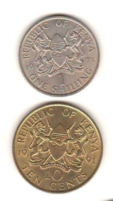 SV * Kenya 1 ONE SHILLING 1971 MZEE JOMO KENYATTA + TEN CENTS 1991 D.T. ARAP MOI foto