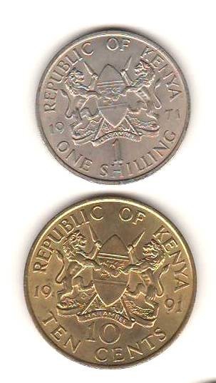 SV * Kenya 1 ONE SHILLING 1971 MZEE JOMO KENYATTA + TEN CENTS 1991 D.T. ARAP MOI