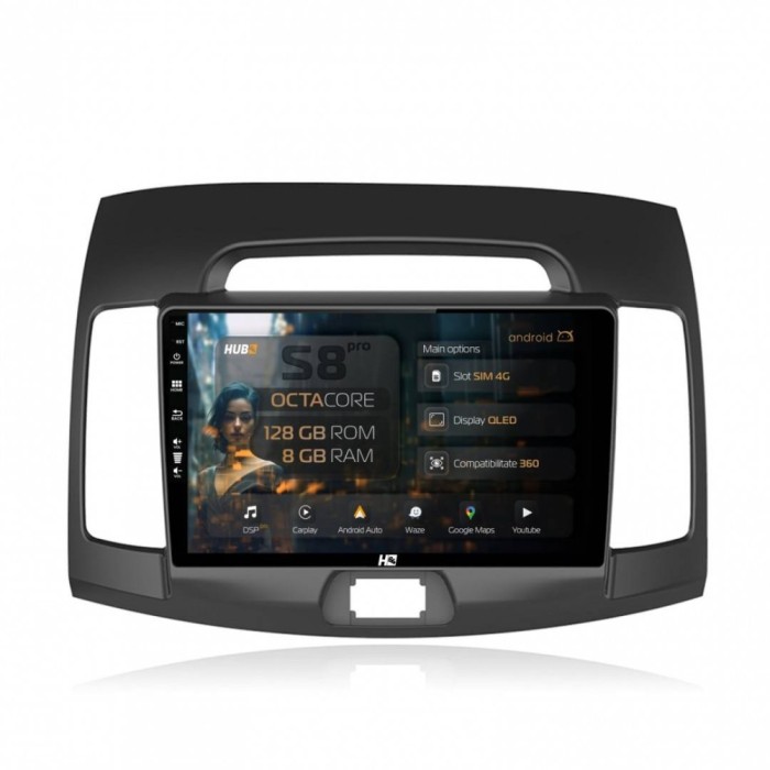 Navigatie Hyundai Elantra (2006-2011) 8GB RAM Android 13 Octacore Slot Sim 4G DSP GPS Wi-FI Carplay Android Auto USB Bluetooth Waze Touchscreen 9 Inch