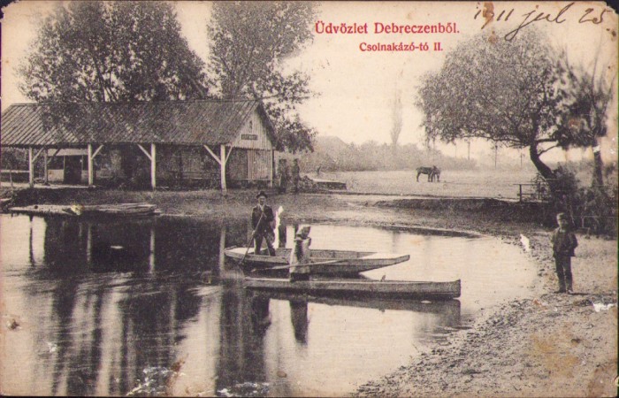 CP596N &Uuml;dv&ouml;zlet Debreczenből, Csolnak&aacute;z&oacute;-t&oacute; II, carte poștală, circulată Gherla