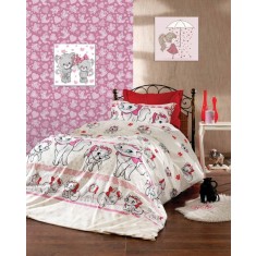 Lenjerie de pat pentru o persoana cu husa de perna dreptunghiulara, Kitty, bumbac ranforce, gramaj tesatura 120 g/mp, multicolor
