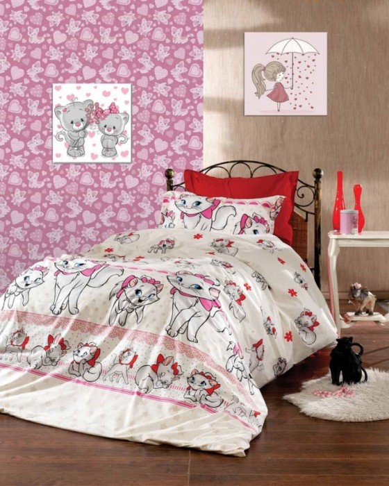 Lenjerie de pat matrimonial cu husa de perna dreptunghiulara, Kitty, bumbac ranforce, gramaj tesatura 120 g/mp, multicolor