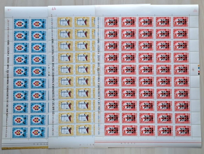 TIMBRE ROM&Acirc;NIA LP707/1969 A25 -a aniversare eliberare fascism- Set 3 coli -MNH