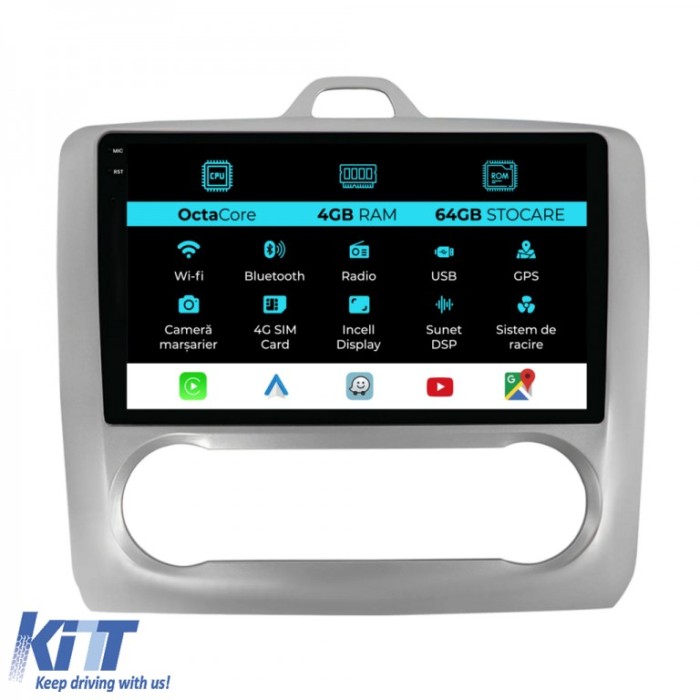 Navigatie Dedicata Ford Focus (2004-2012), 9Inch, 4Gb Ram, 64Gb Stocare, Carplay, Clima automata Performance AutoTuning