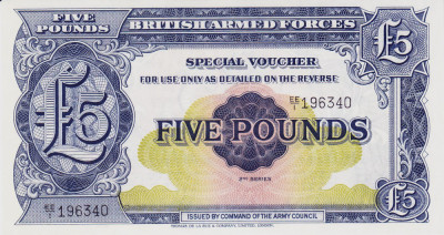 Bancnota Anglia (British Armed Forces) 5 Pounds (1958) - PM23 UNC ( Seria 2 ) foto