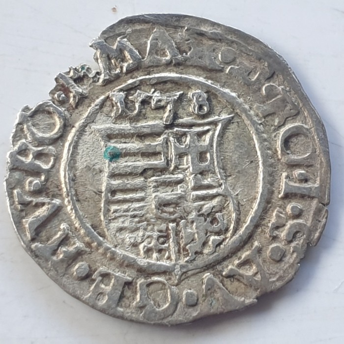 Ungaria 1 denar 1578 KB argint Maximilian ll