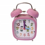 Ceas de masa desteptator pentru copii Pufo Monster, cu buton de iluminare cadran, 15 cm, mov, patrat