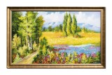 Cumpara ieftin Tablou inramat peisaj cu flori multicolore pictat manual, Colt de rai, 110x70cm ulei pe panza Constantin Feraru
