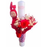 Lumanare pentru botez, 40 cm, cu flori naturale uscate si iepuras somnoros (personalizabila cromatic si cu text)