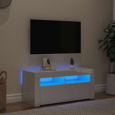 Comodă TV cu lumini LED, alb extralucios, 90x35x40 cm foto