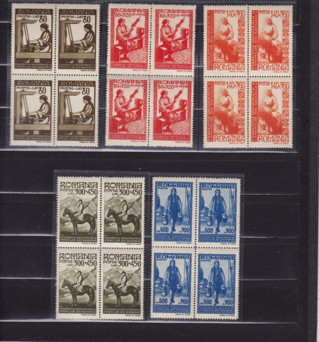 ROMANIA 1946 LP 204 F.D.F.R. BLOCURI DE 4 TIMBRE MNH