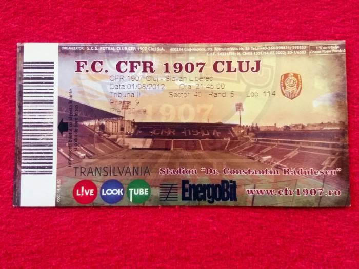 Bilet meci fotbal CFR 1907 CLUJ - SLOVAN LIBEREC (01.08.2012)