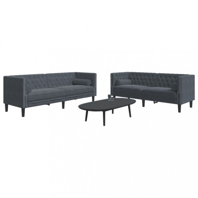 Set canapele Chesterfield cu perne rulou, 2 piese, gri, catifea foto