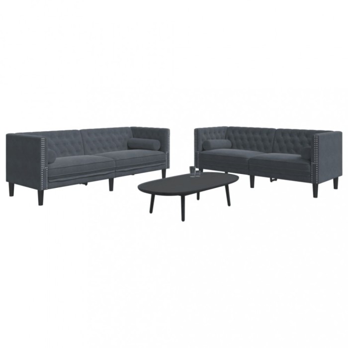 Set canapele Chesterfield cu perne rulou, 2 piese, gri, catifea