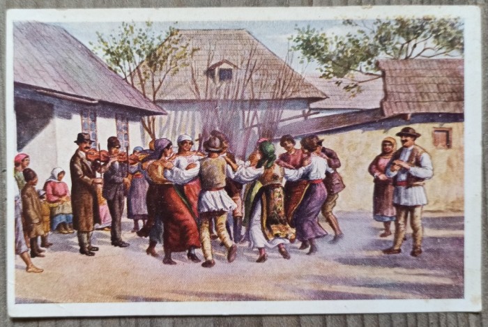 Hora taraneasca la Strehaia, de pictorul Burgstaller// CP colectia E. Marvan