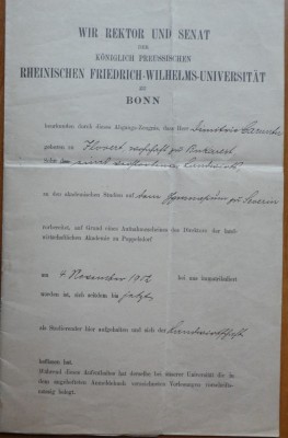 Universitatea Freiedrich Wilhelms din Bonn, 1903, student Dimitrie Caruntu foto