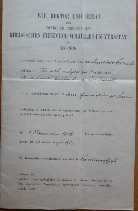 Universitatea Freiedrich Wilhelms din Bonn, 1903, student Dimitrie Caruntu