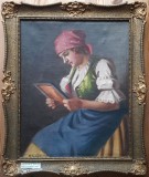 Cumpara ieftin Istv&aacute;n Sz&aacute;sz (1868-1965)-T&acirc;nără cu fotografie &icirc;n m&acirc;ini, pictură pe p&acirc;nză