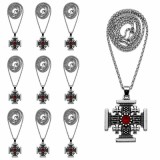 Cumpara ieftin Set 10 coliere argintii 29 cm cu pandantiv cruce Ierusalim 2,3 x 2,3 cm, lant metalic Jerusalem unisex, marturii botez, accesorii si cadouri crestine