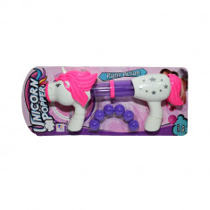 Blaster de jucarie Unicorn Pop - Pomp Action cu 6 bile, alb-roz foto