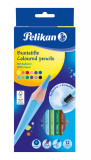 Creioane color lacuite cu radiera, set 12 culori, sectiune hexagonala, Pelikan
