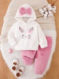 Set pufos si calduros bebelusi cu iepuras &ndash; Bluza cu gluga + pantaloni roz