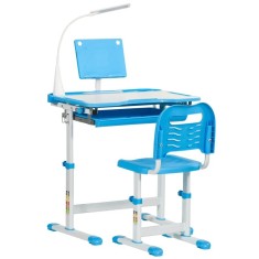 Birou cu scaun pentru copii 6-12 ani, banca scoala, inaltime reglabila, PP, MDF, otel, lampa USB, blat cu inclinare, albastru foto