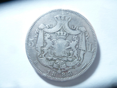Moneda 5 lei 1883 Carol I , argint , cal.F. Buna dar cu 3 mici lovituri muchie foto