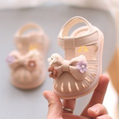 Sandale roz pudra pentru fetite, cu fundita 3D si floricele aplicate (Marime foto