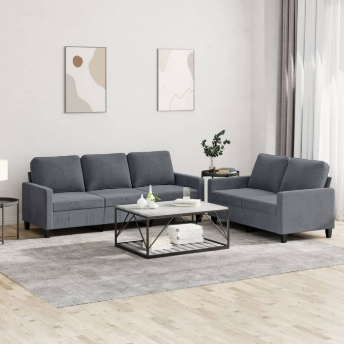 vidaXL Set de canapele cu perne, 2 piese, gri &icirc;nchis, catifea 3201517