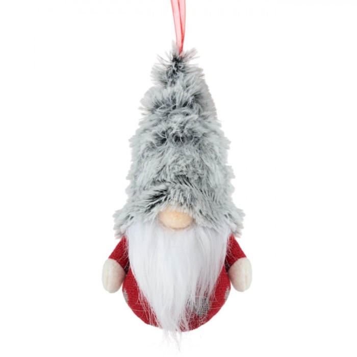 Ornament Brad Crăciun, Figurina Gnome, Căciulă Gri, Corp Roșu, 9x15cm