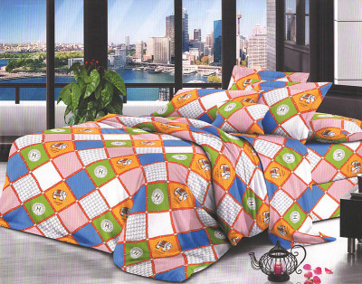 Lenjerie de pat pentru o persoana cu husa elastic pat si 2 fete perna patrata, Patxi, bumbac mercerizat, multicolor foto