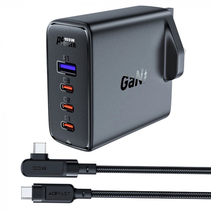GaN UK 100WPD &icirc;ncărcător rapid 3x USB C 1x USB - negru