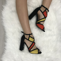 Sandale dama negre cu rosu si galben cu toc marime 37+CADOU